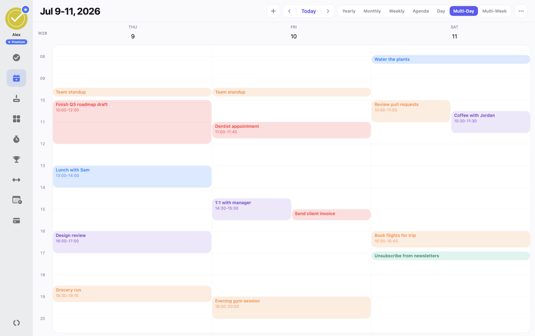 Kameto web dashboard with today's habits, tasks and calendar